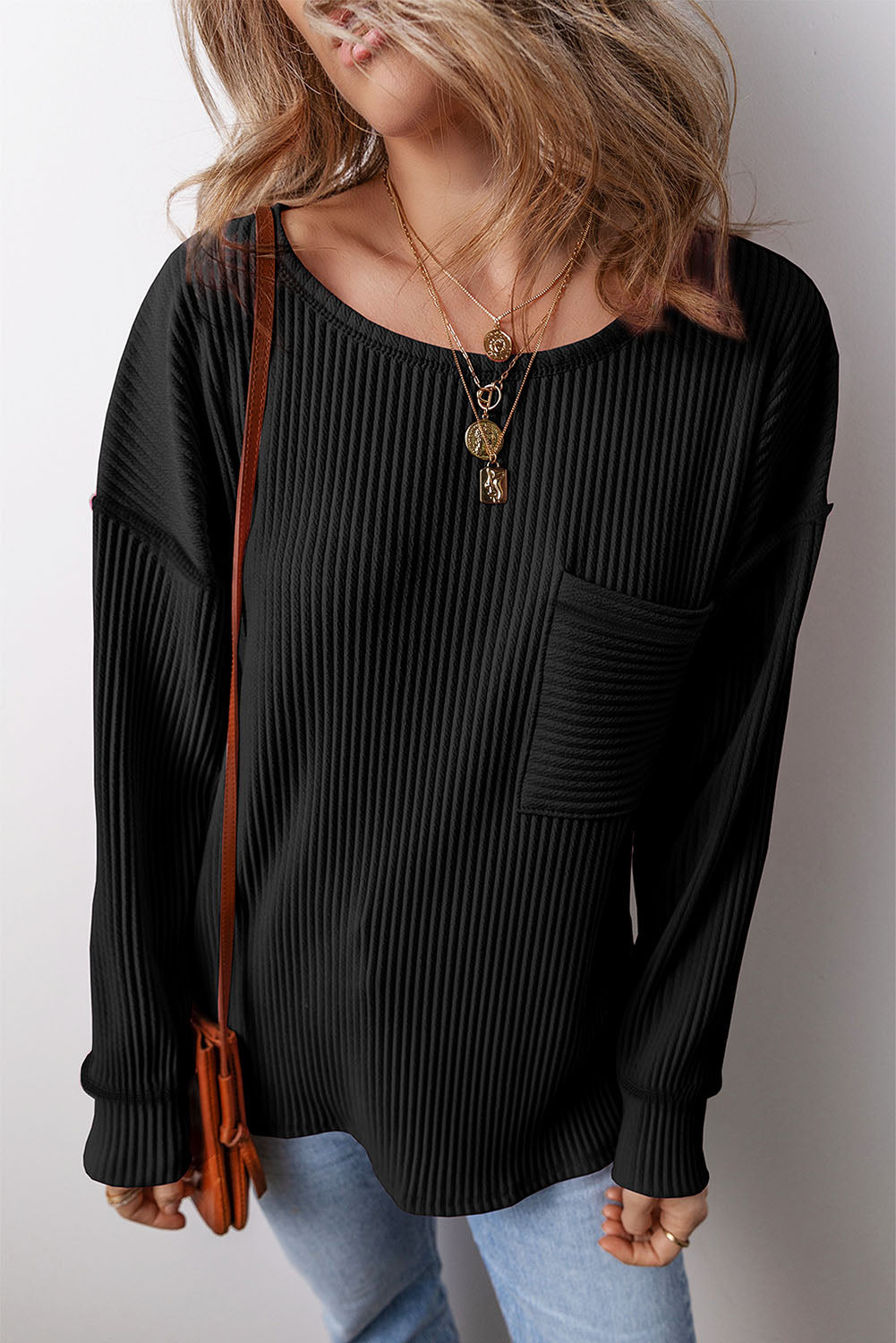Black Corded Drop Shoulder Top FB