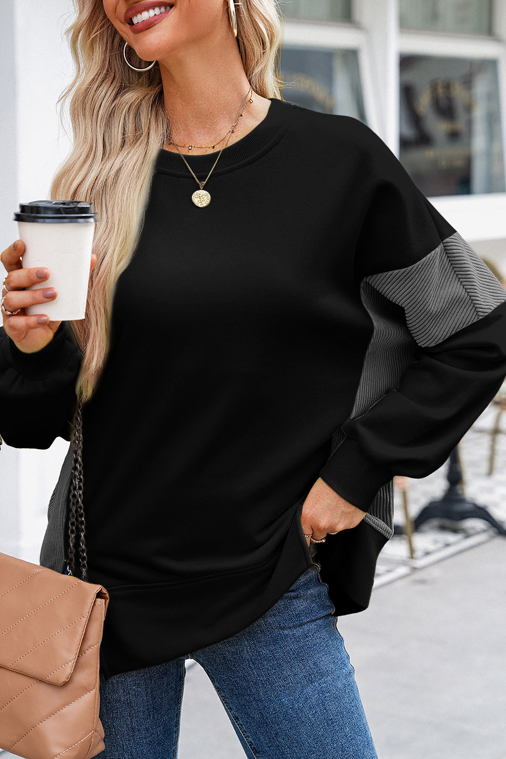 Black Corduroy Side Slit Sweatshirt September.