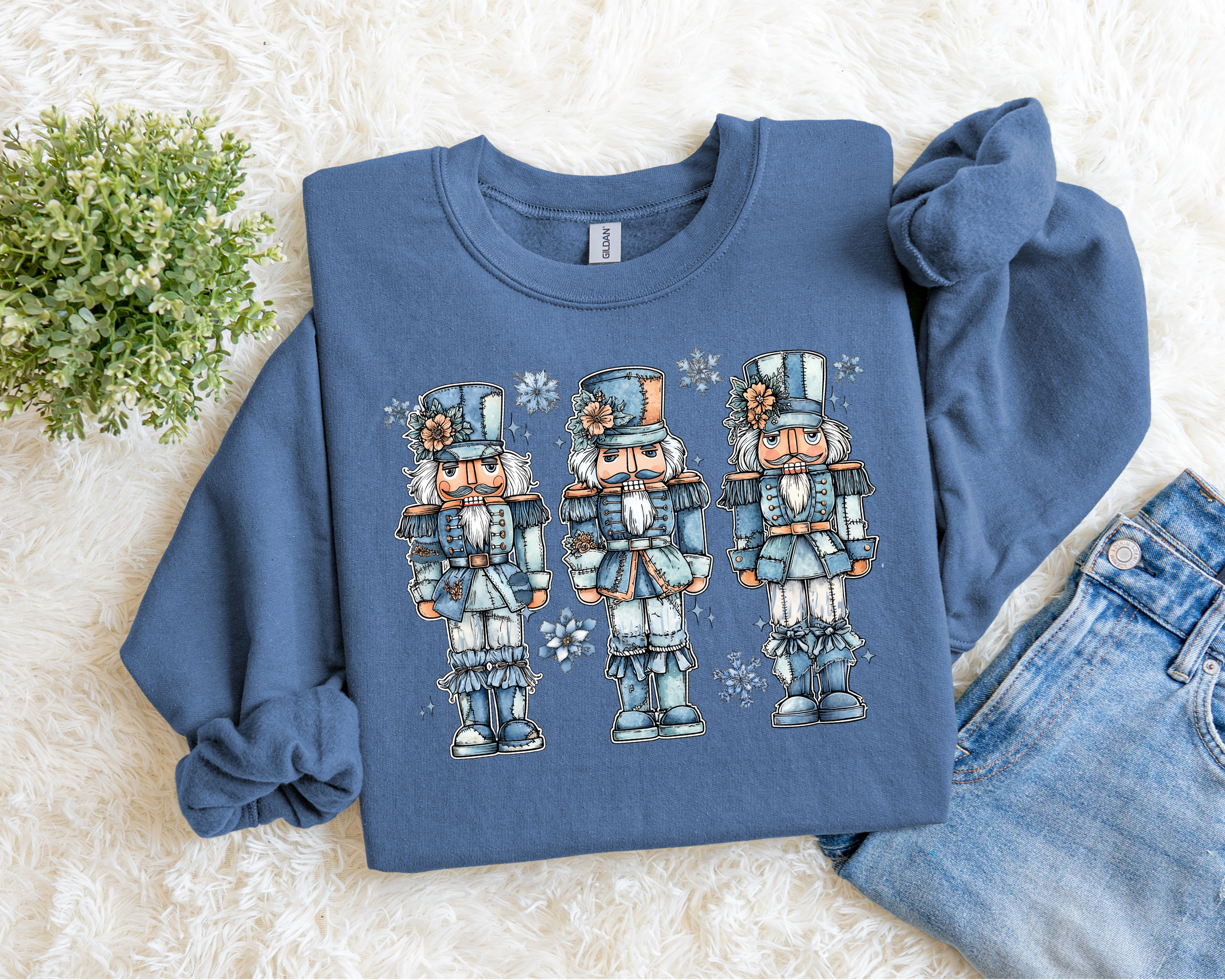 Denim Patchwork Nutcracker Sweatshirt.