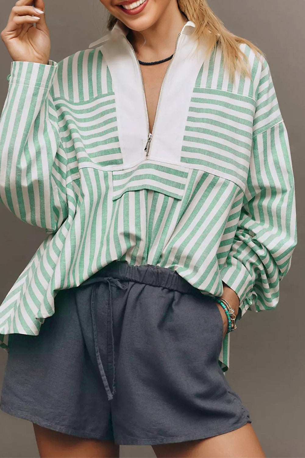 Green Stripe Half Zip Top September.