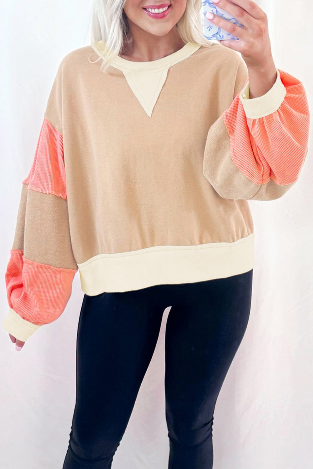 Beige and Peach Colorblock Pullover FB