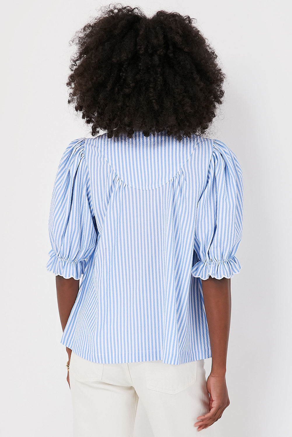 Blue Stripe Ruffle Collar Blouse RTS