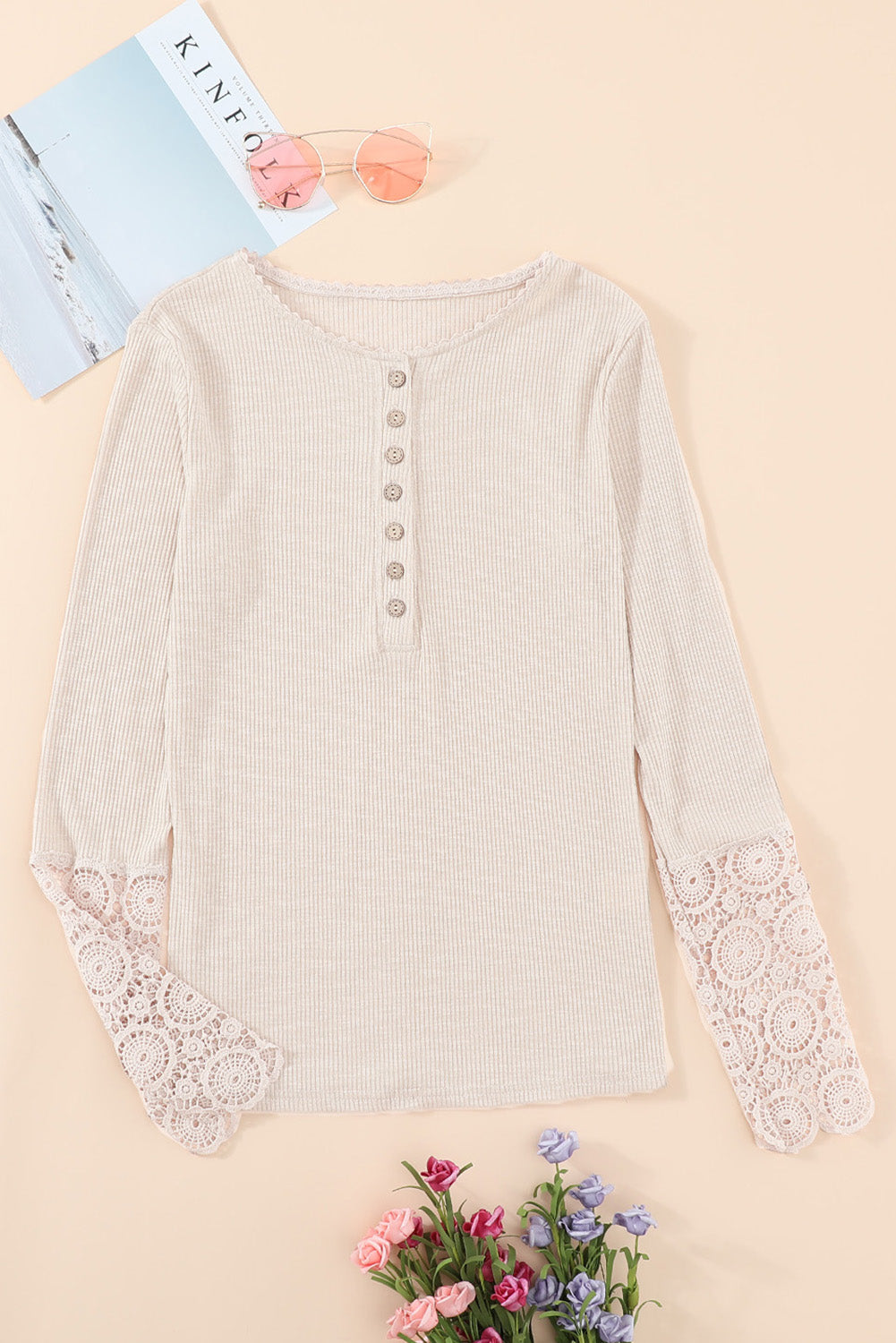 Beige Crochet Lace Button Top FB