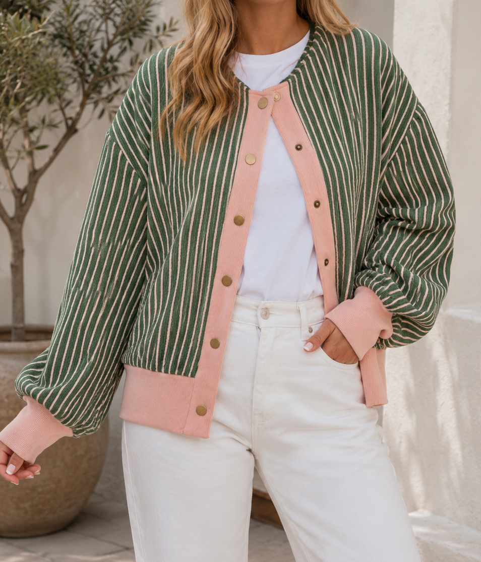 Green Stripe Pink Trim Cardigan