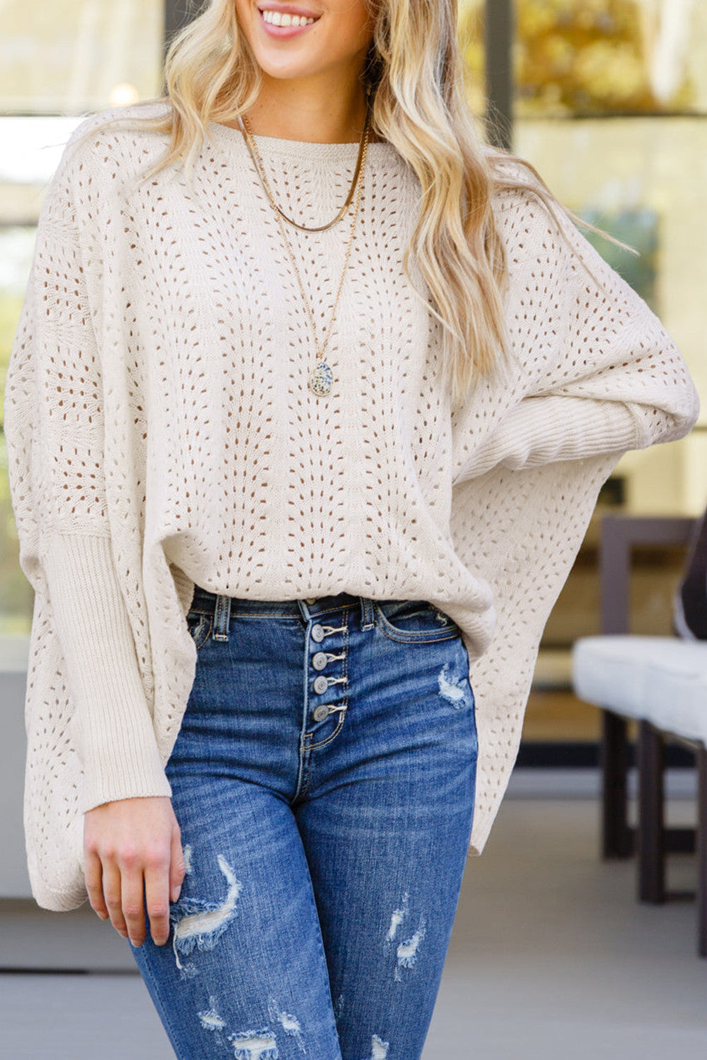 Beige Ribbed Hollow Sweater FB