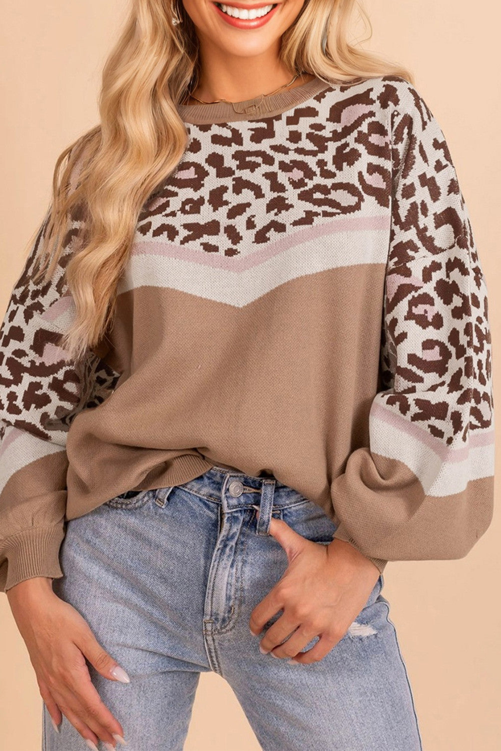 Beige Leopard Color Block Sweater FB