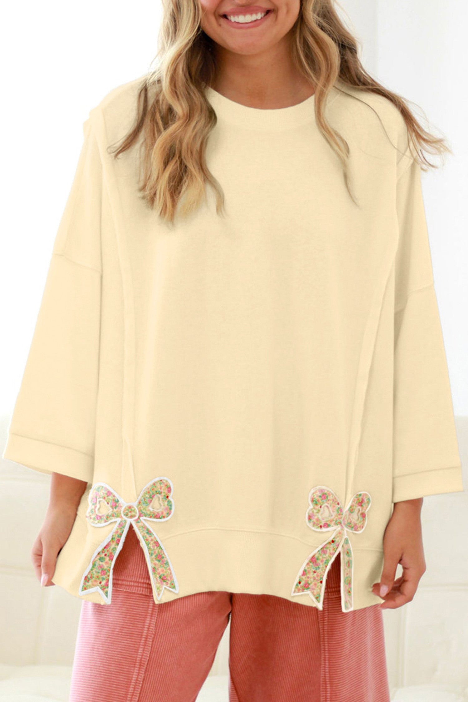 Beige Plus Bow Slit Pullover FB