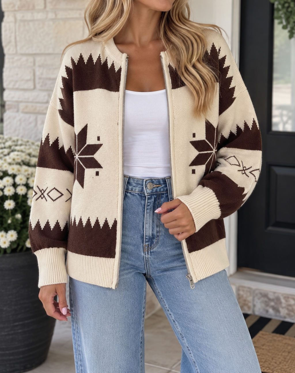 Beige Western Geometric Cardigan