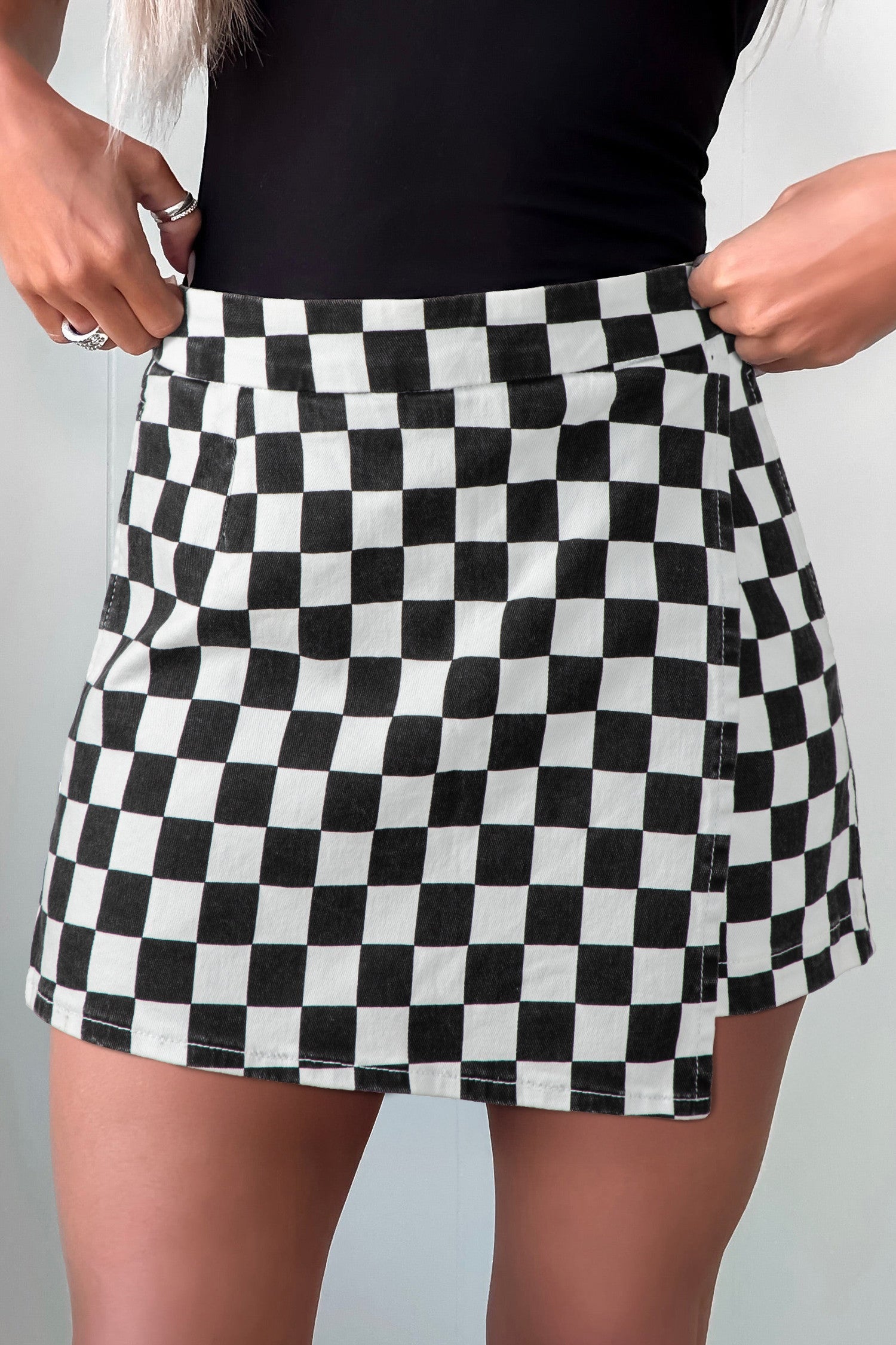 Black Checkered Denim Shorts February.