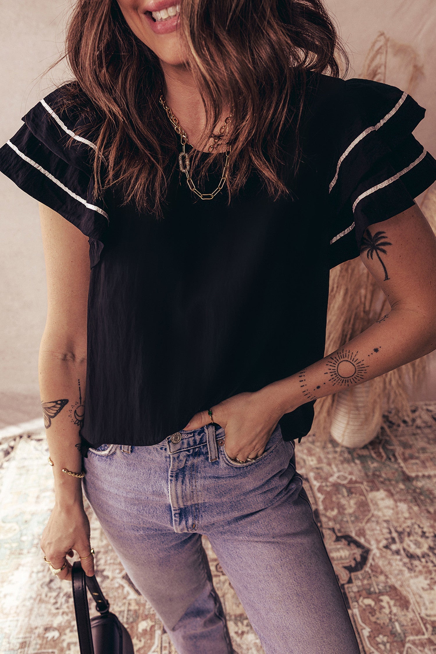 Black Contrast Trim Ruffle Blouse FB