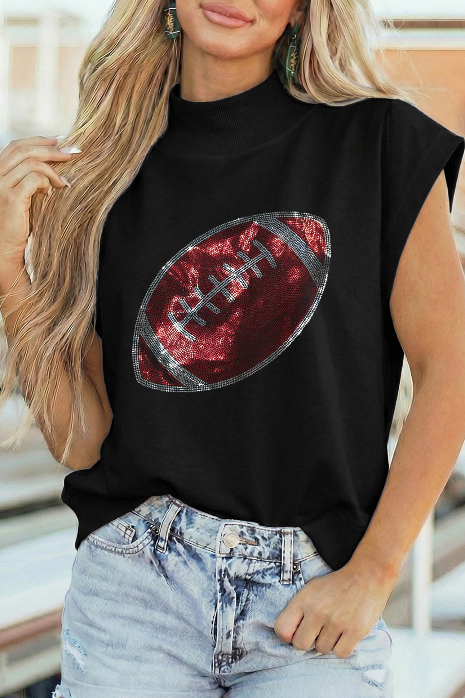 Black Sequin Football Top