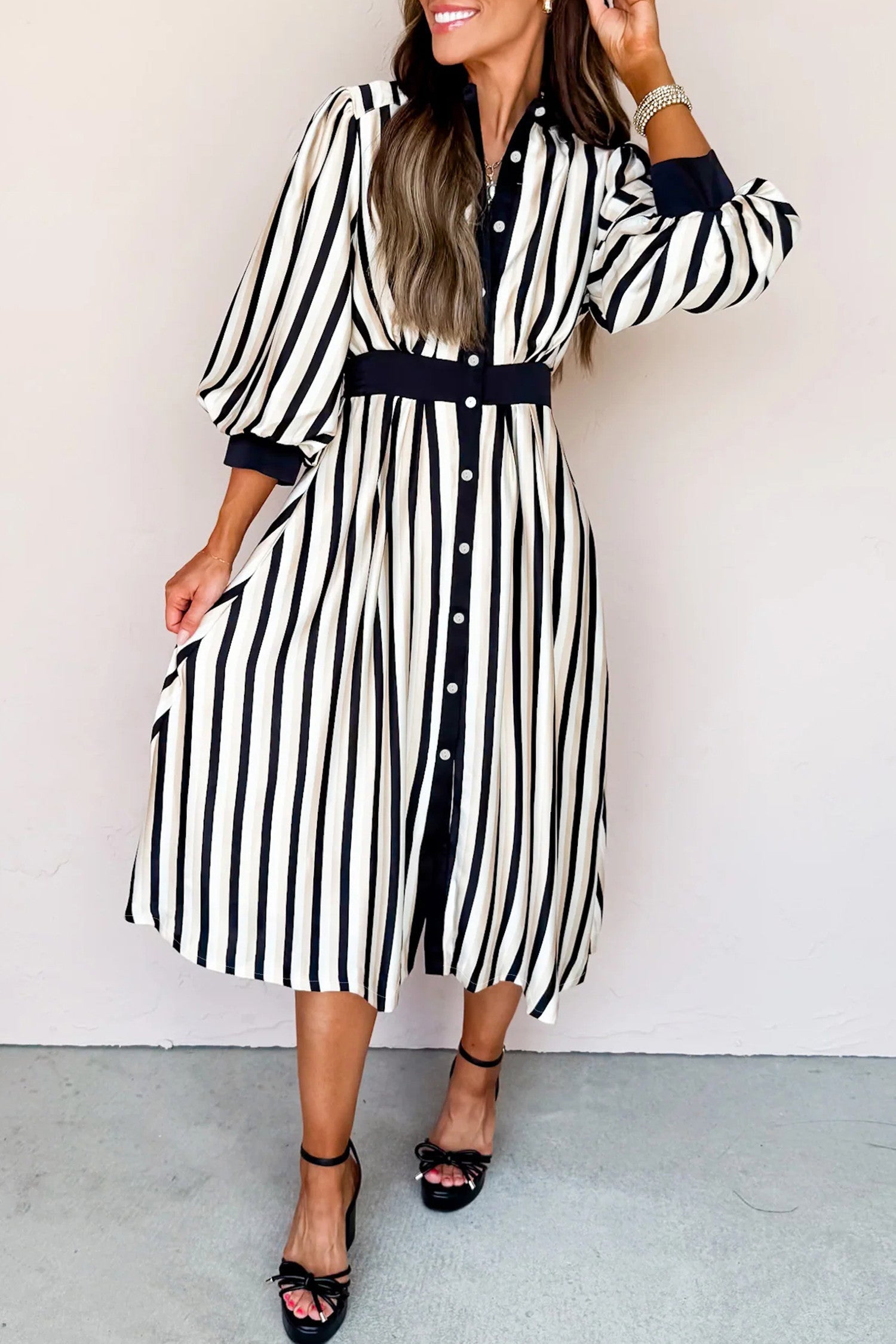 Black Stripe Button Midi Dress FB