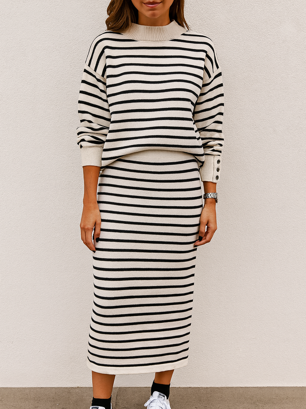 Black Stripe Ribbed Skirt Set FB