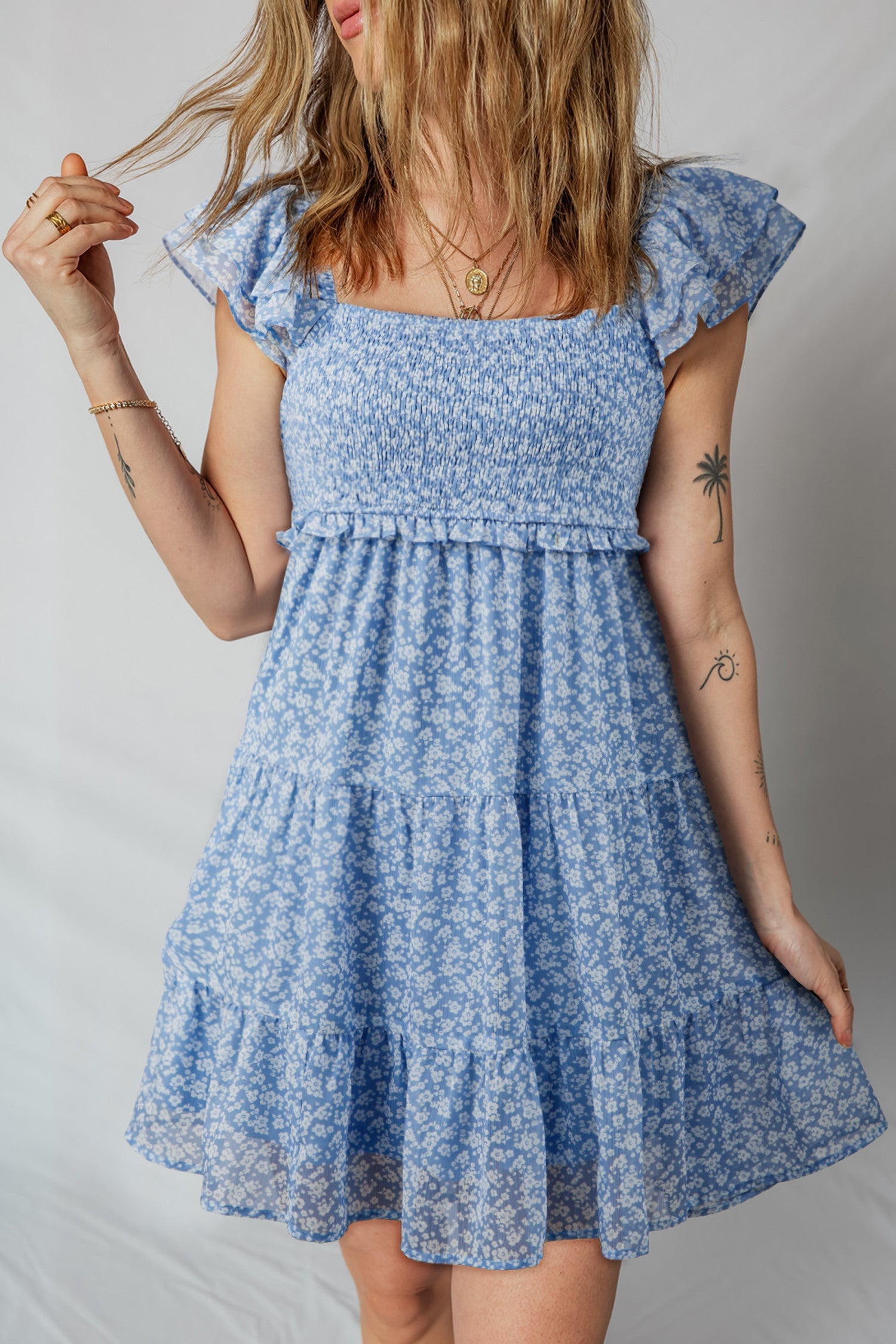 Blue Floral Square Neck Smocked Dress FB
