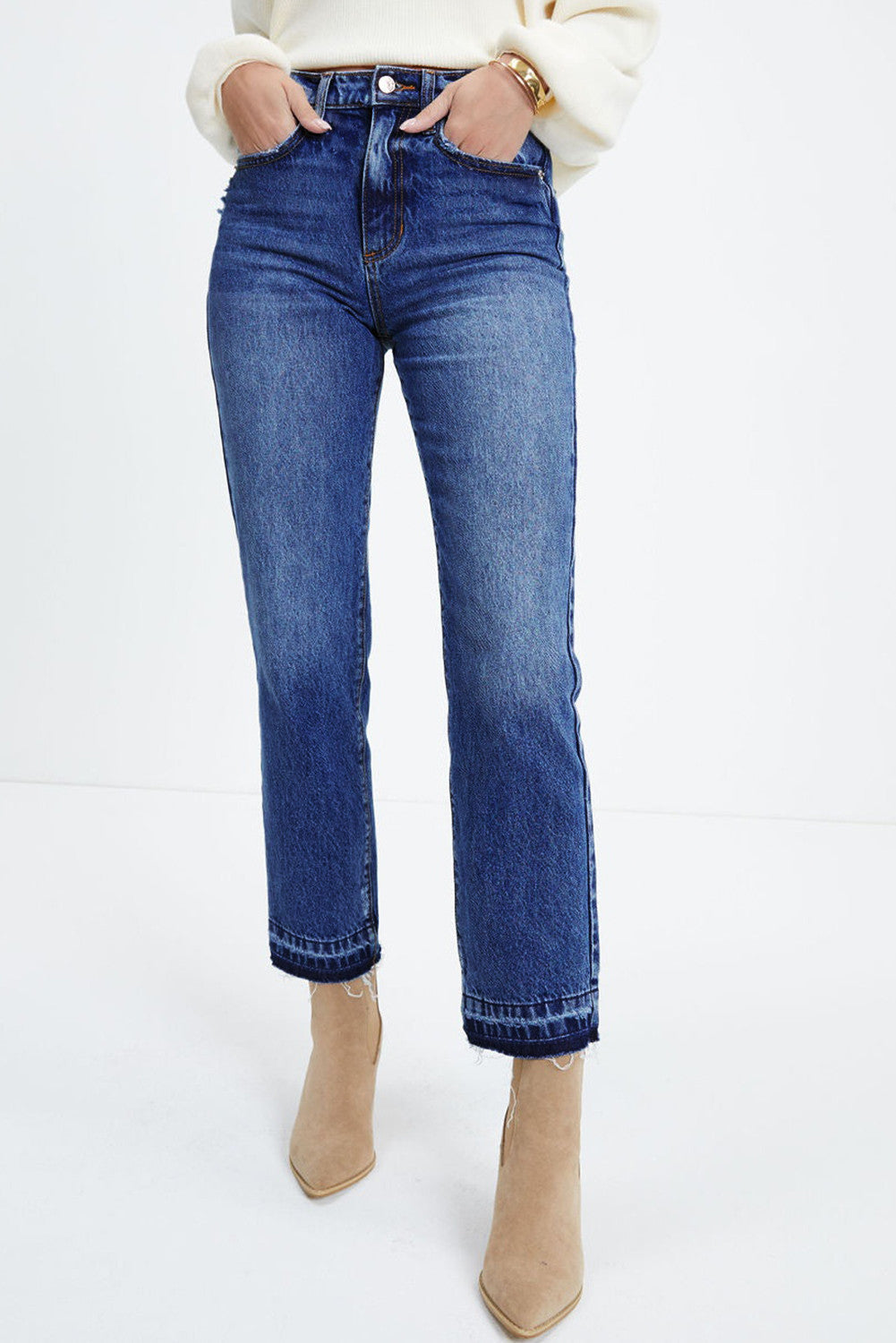 Blue Wash Raw Hem Jeans