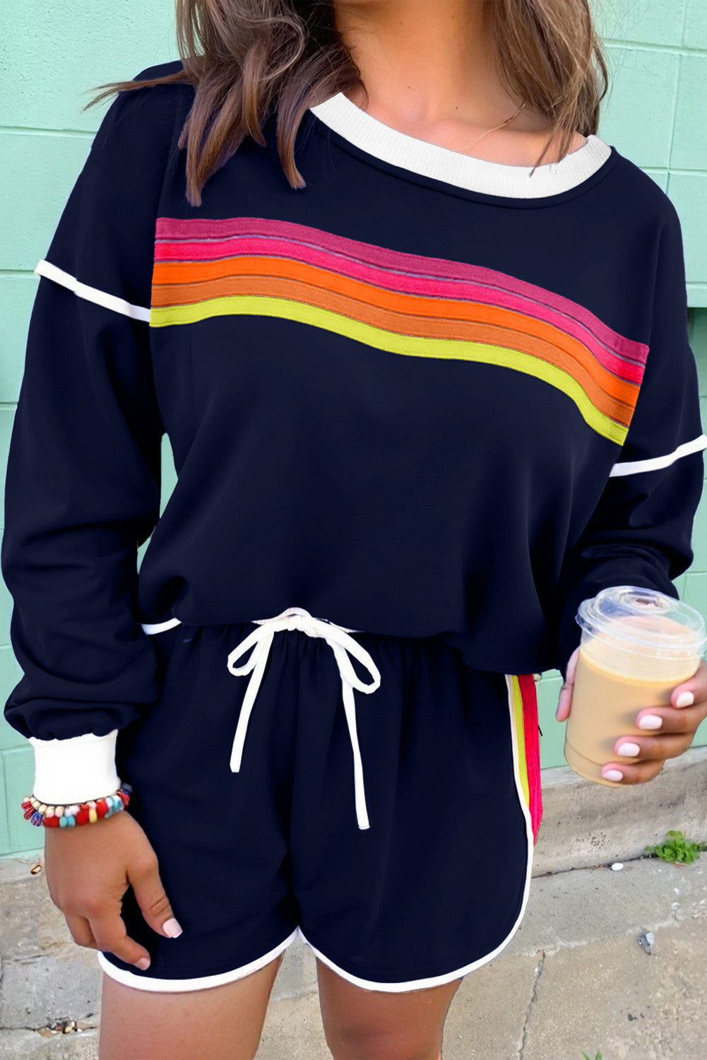 Blue Colorful Striped Pullover Set FB