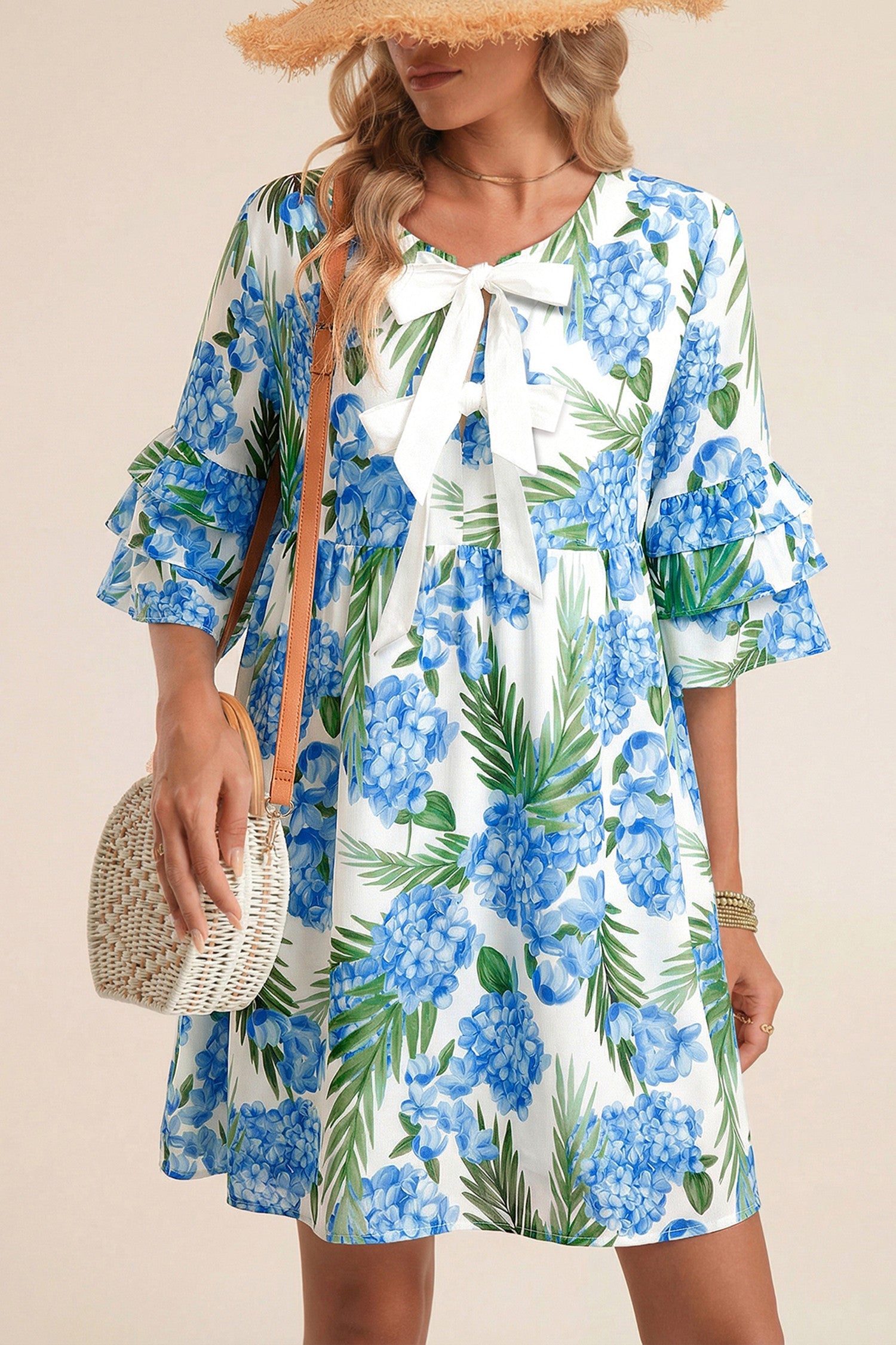 Blue Floral Ribbon Knot Dress