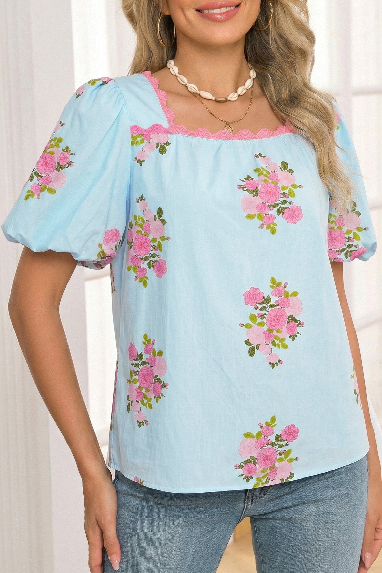 Blue Floral Ricrac Blouse