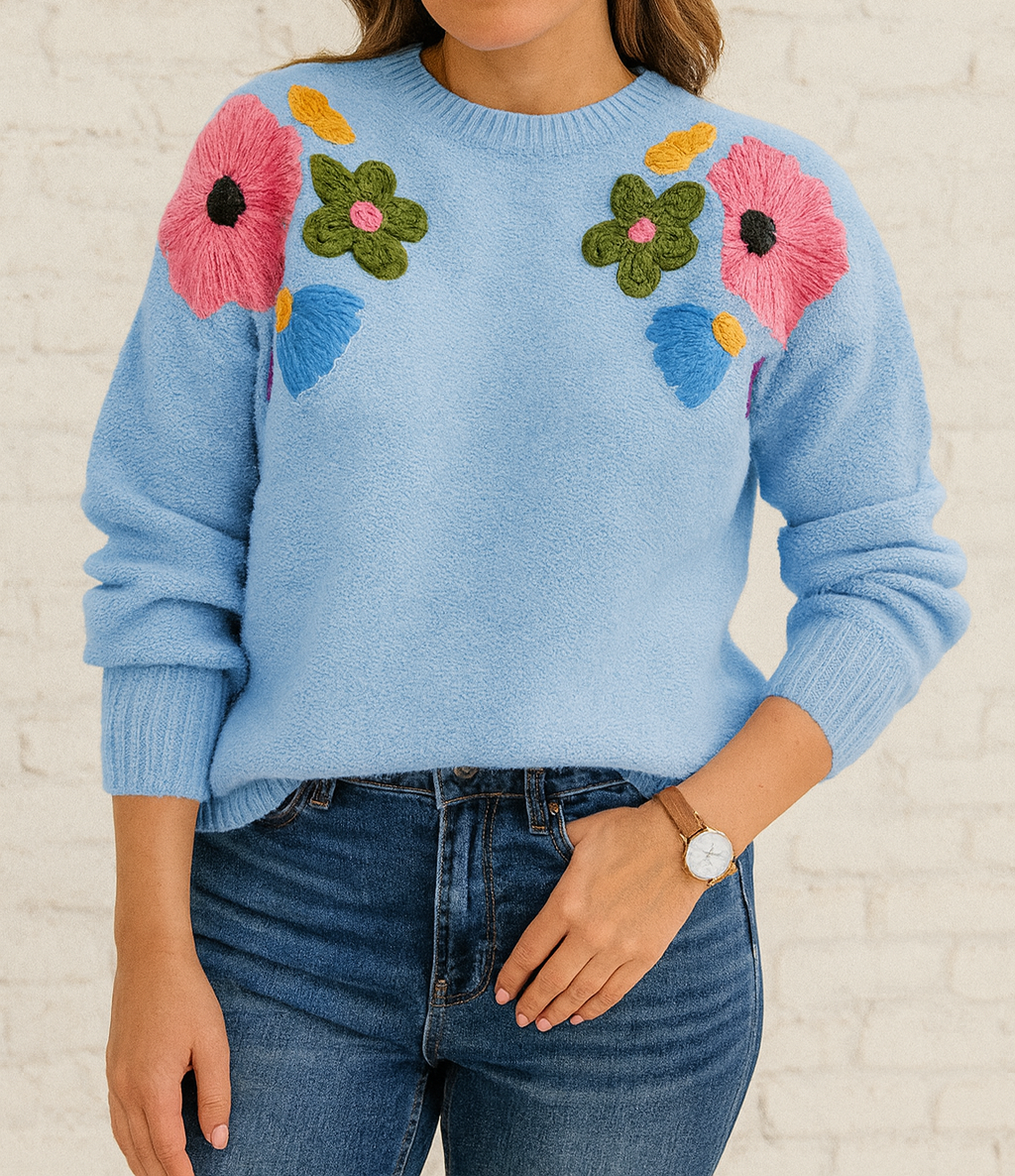 Blue Knitted Floral Sweater FB