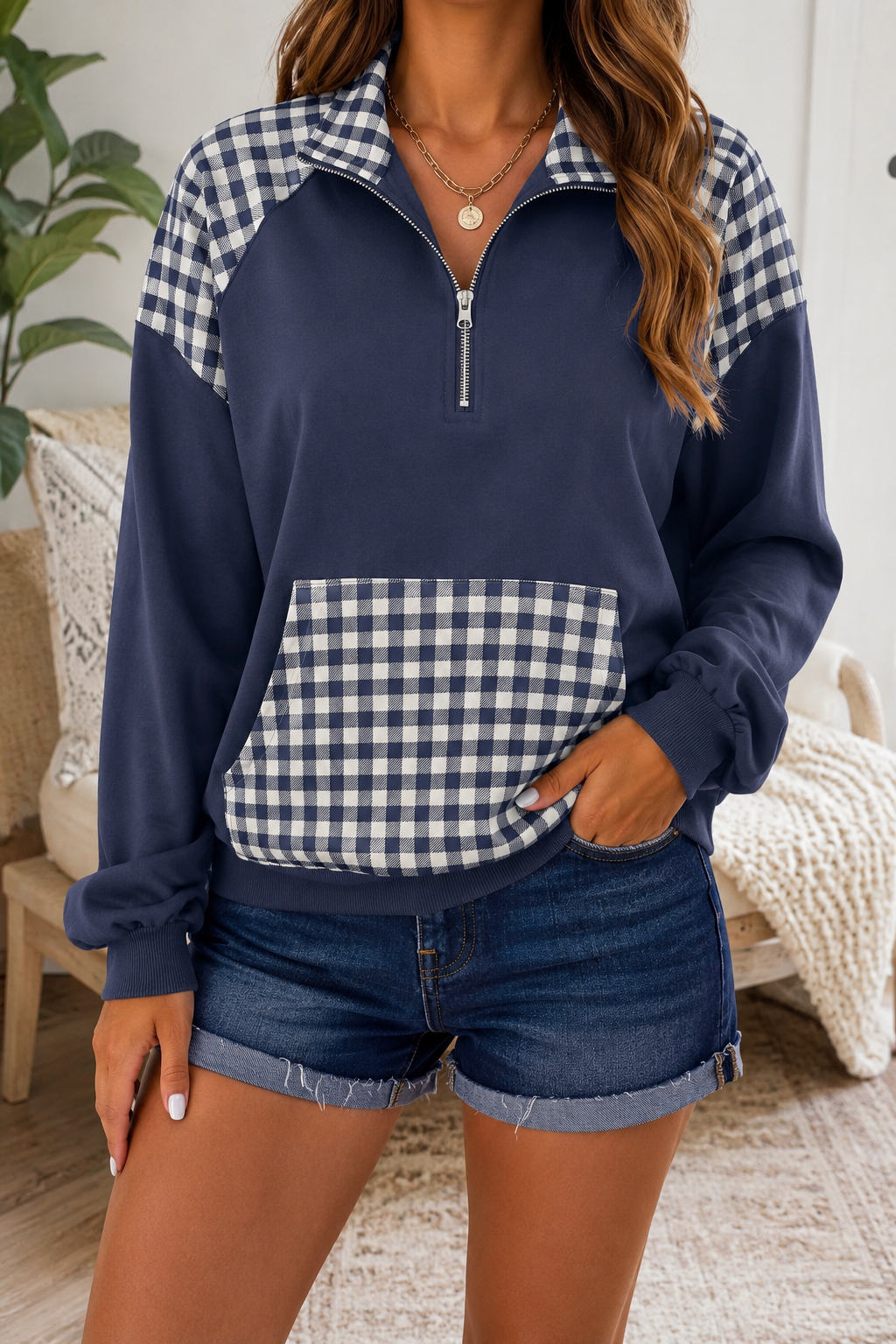 Blue Plaid Quarter Zip Sweatshirt
