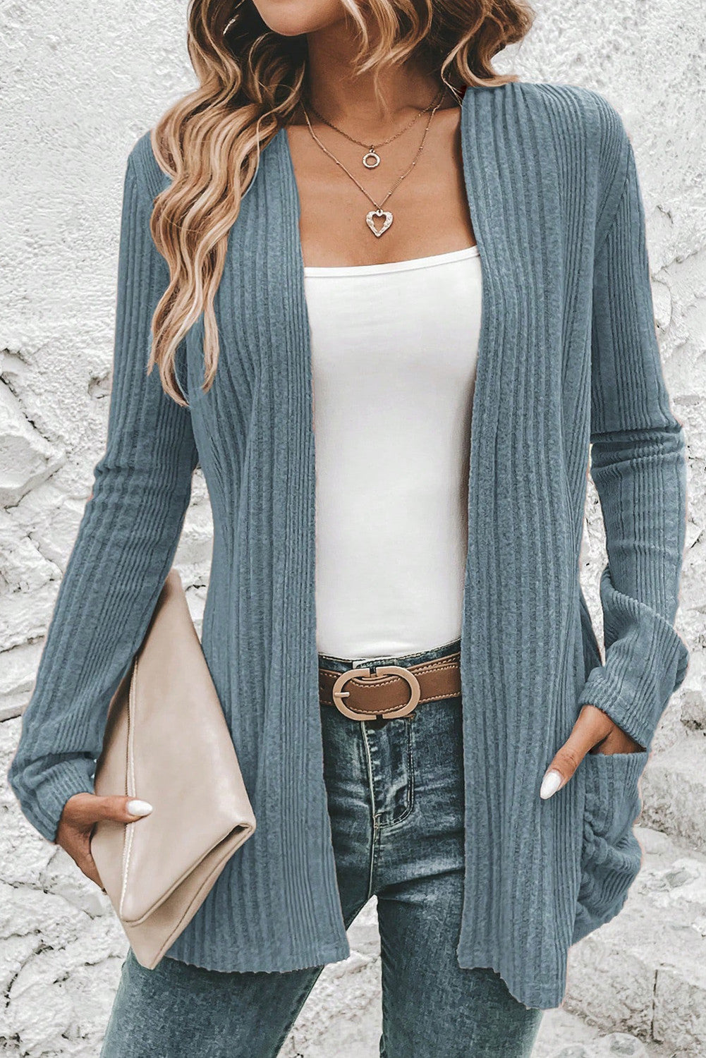 Blue Ribbed Knitted Cardigan FB