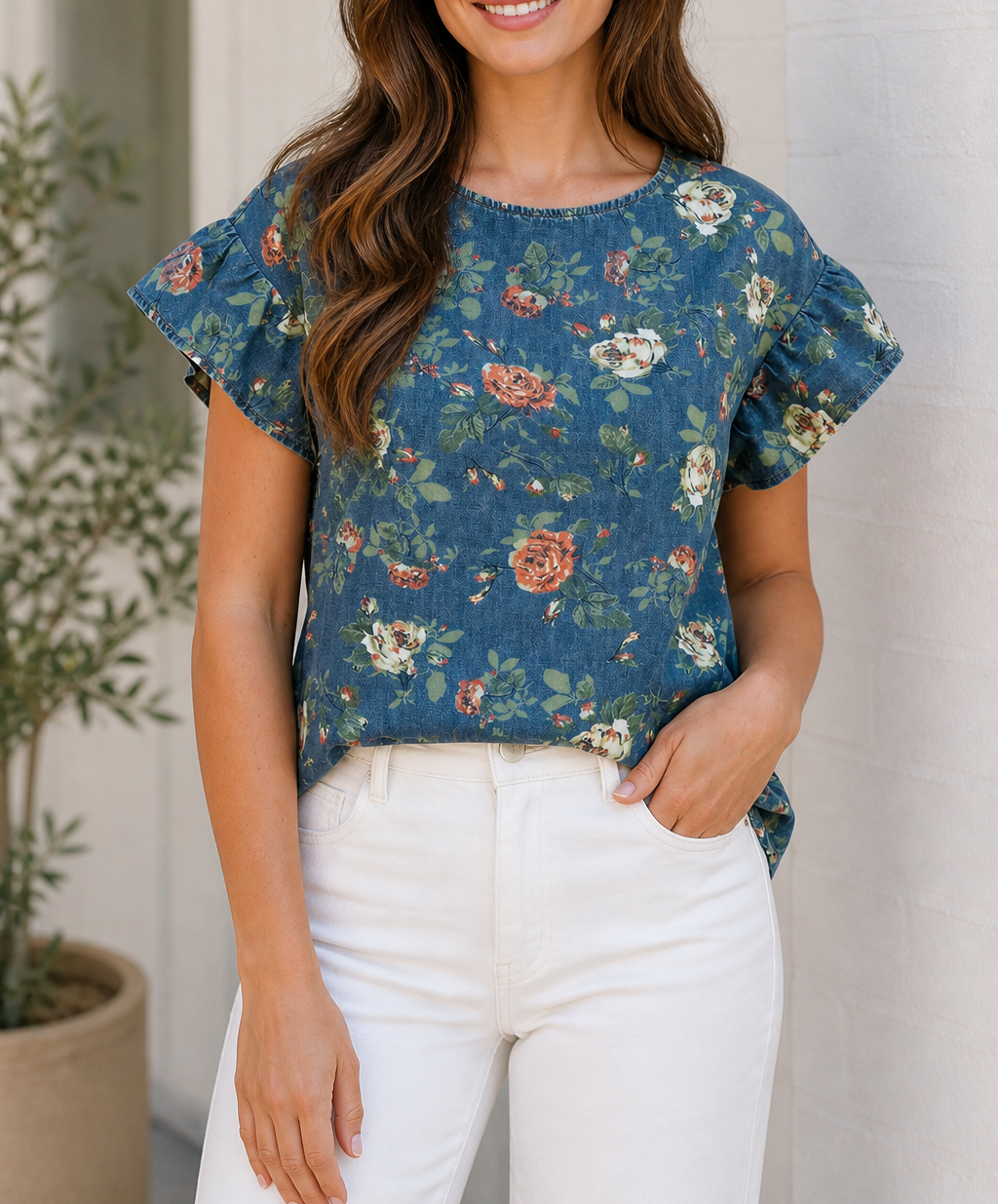 Blue Ruffled Floral Denim Blouse