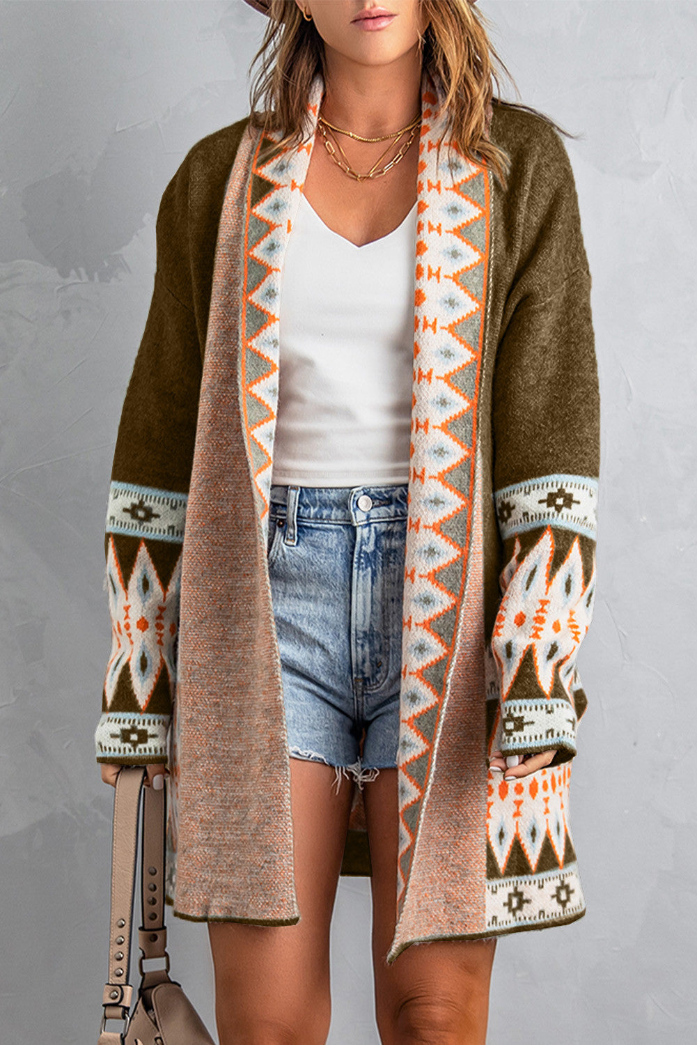 Brown Aztec Long Cardigan FB