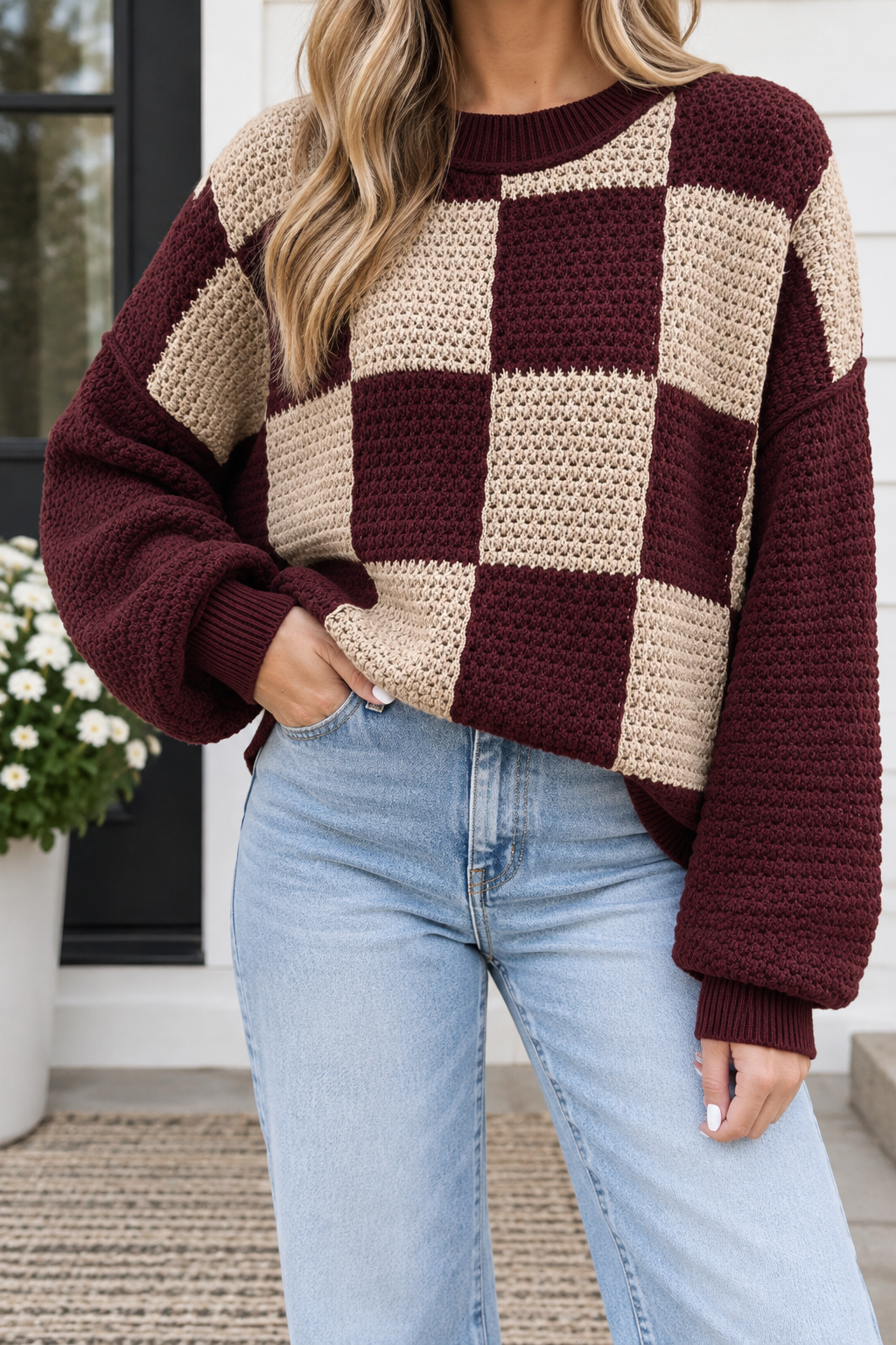 Brown Checkered Knit Sweater