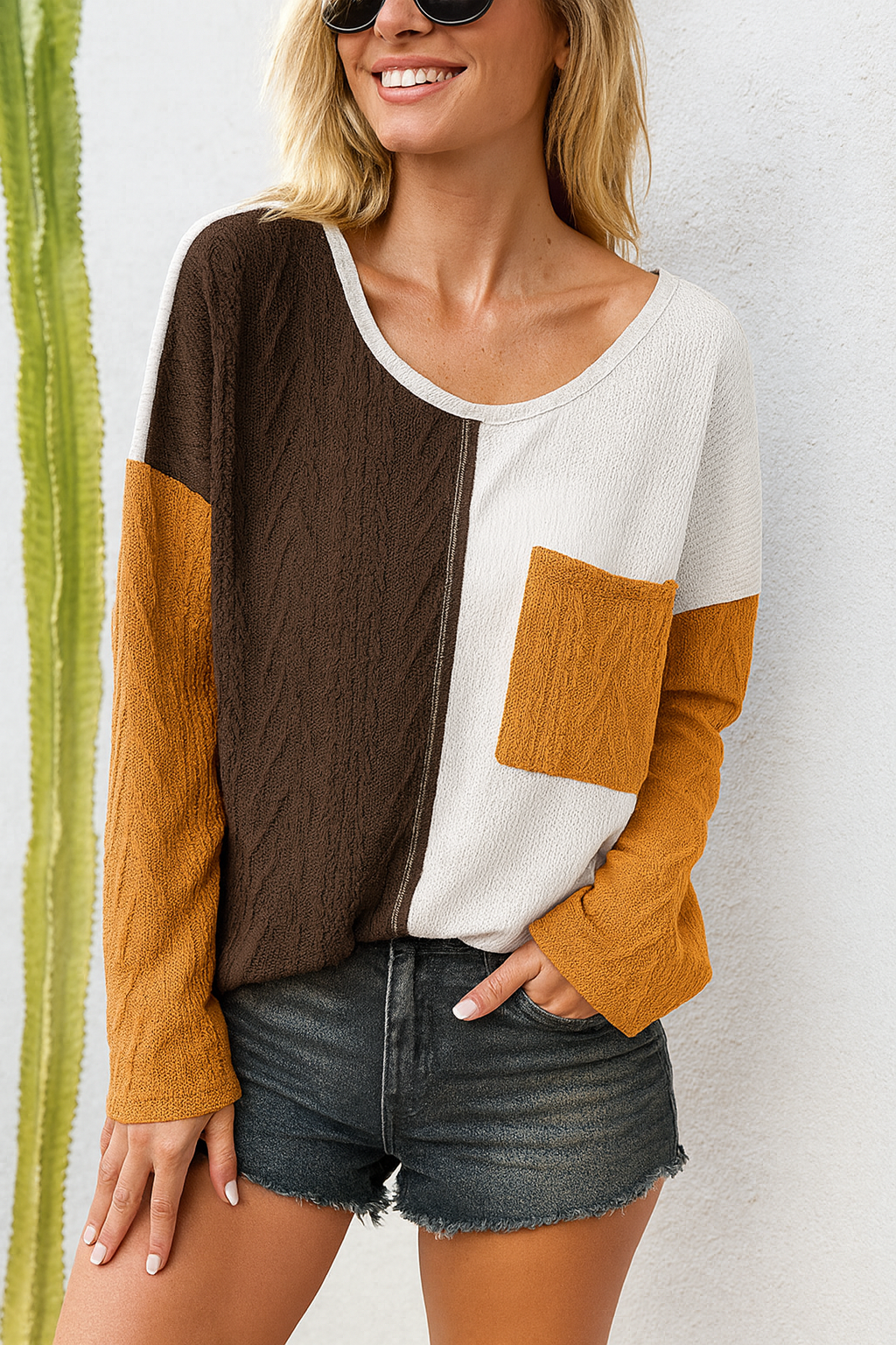 Brown Colorblock Patchwork Top FB