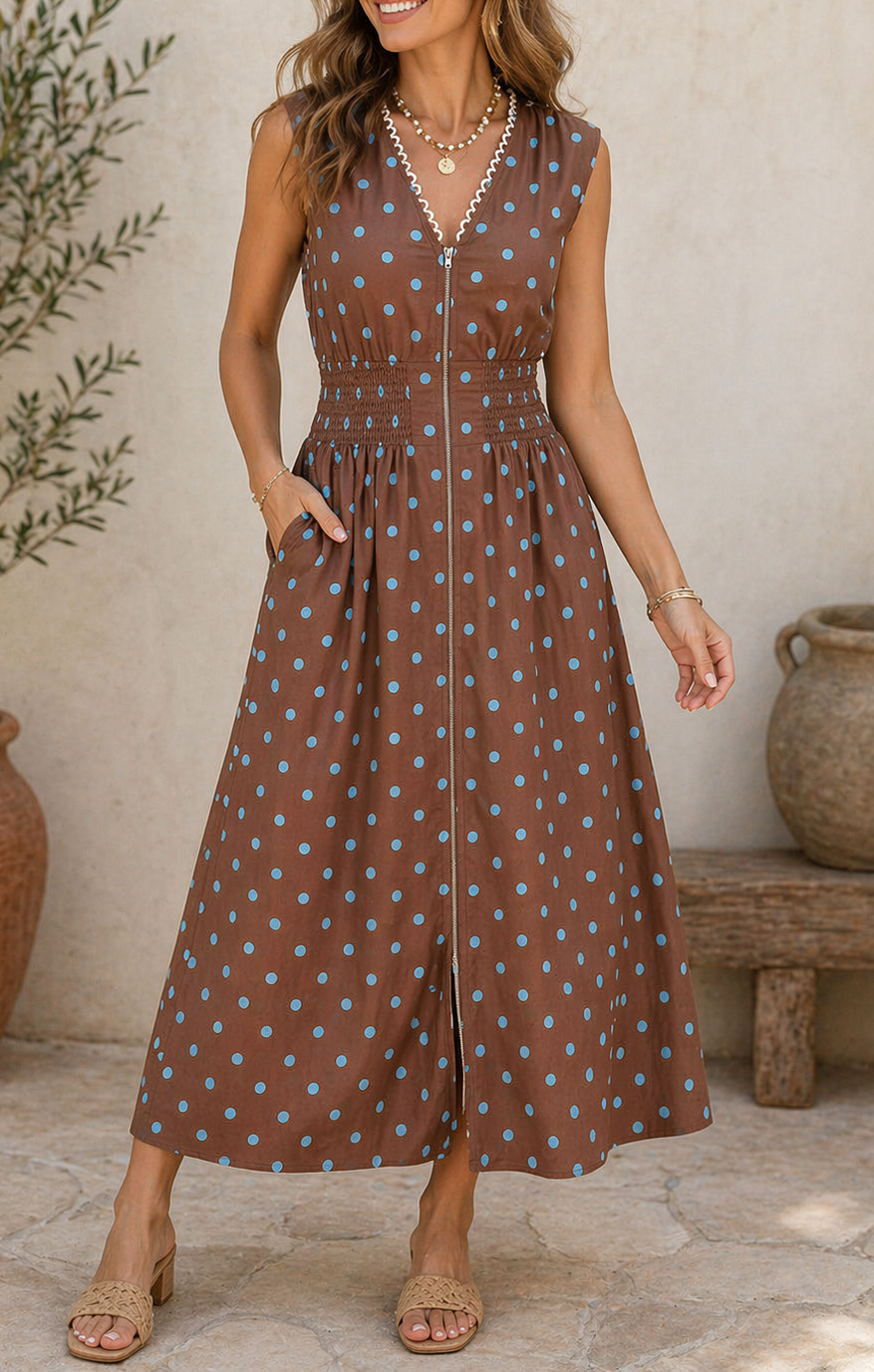Brown Polka Dot Sleeveless Dress
