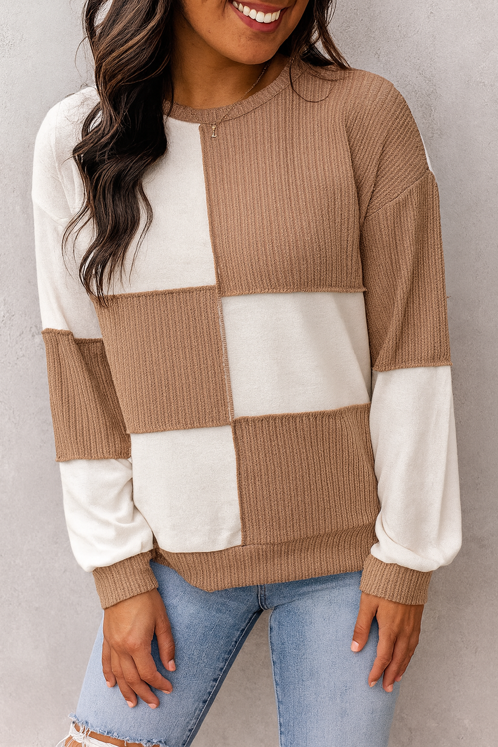 Beige Colorblock Checkered Jumper FB