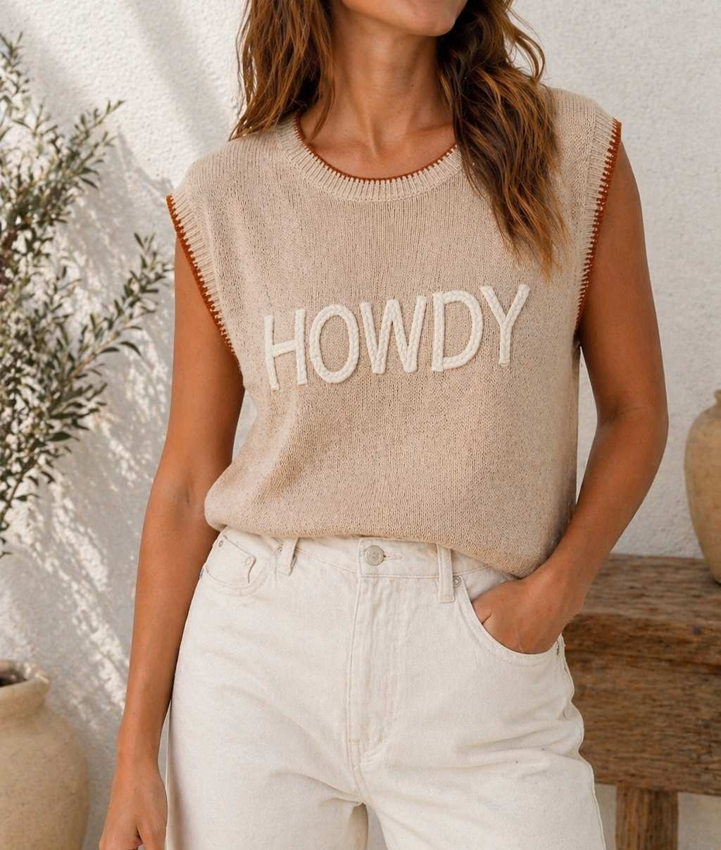 Contrast Trim HOWDY Western Sweater
