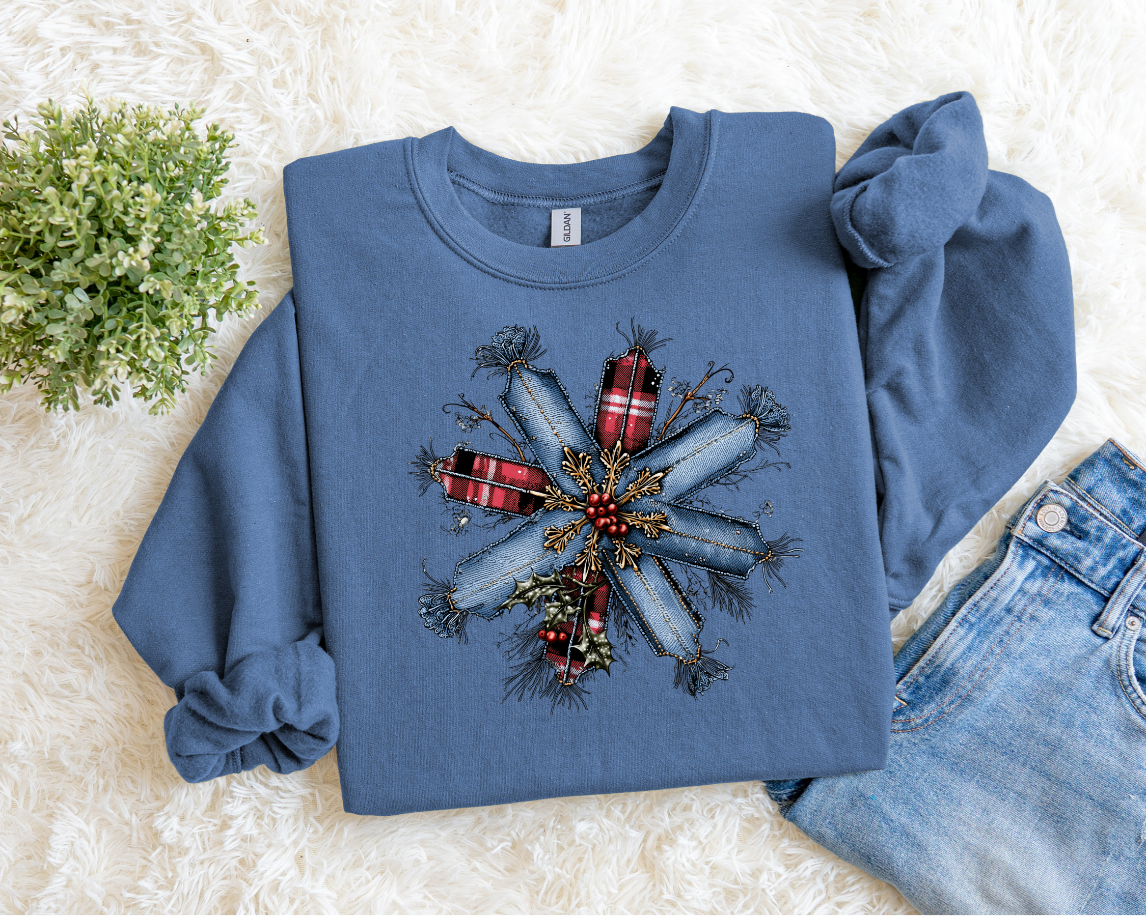Denim Patchwork Snowflake Sweatshirt.