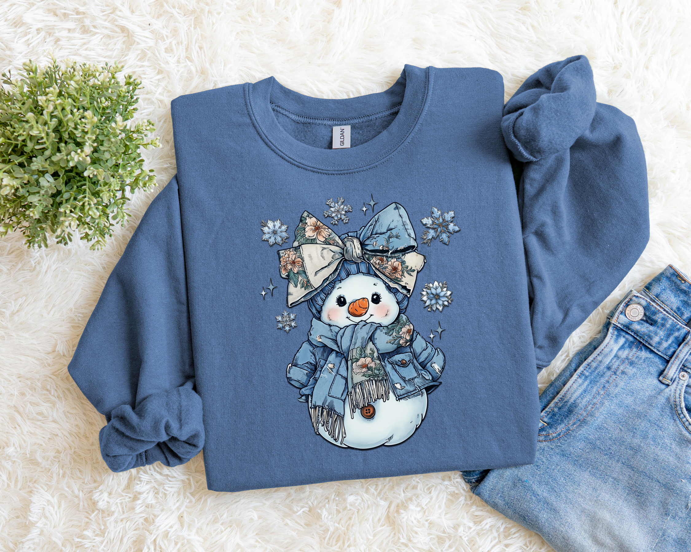 Denim Patchwork Snowman Sweatshirt.