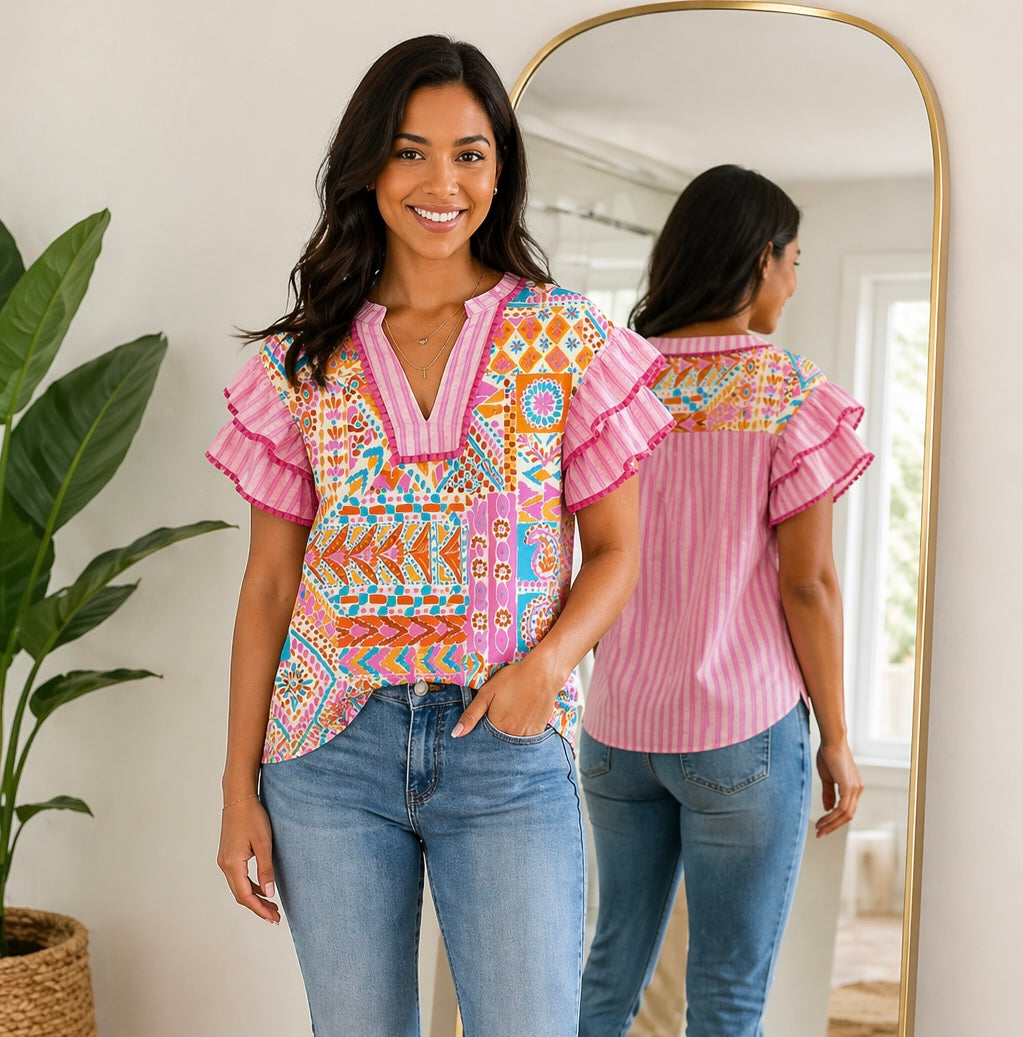 Boho Mixed Print Striped Blouse