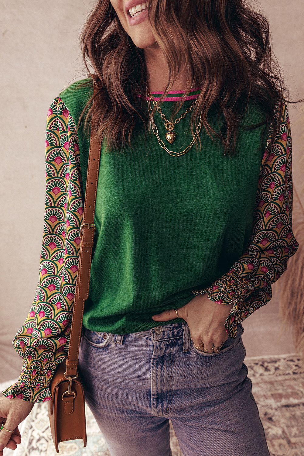 Green Floral Shirred Cuff Top RTS