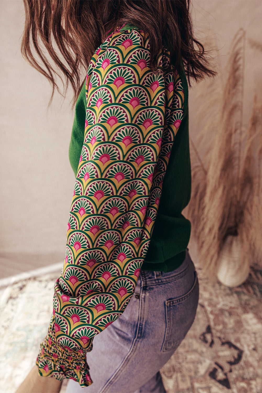 Green Floral Shirred Cuff Top RTS