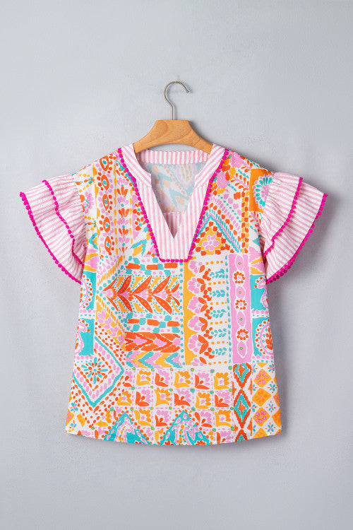 Boho Mixed Print Striped Blouse
