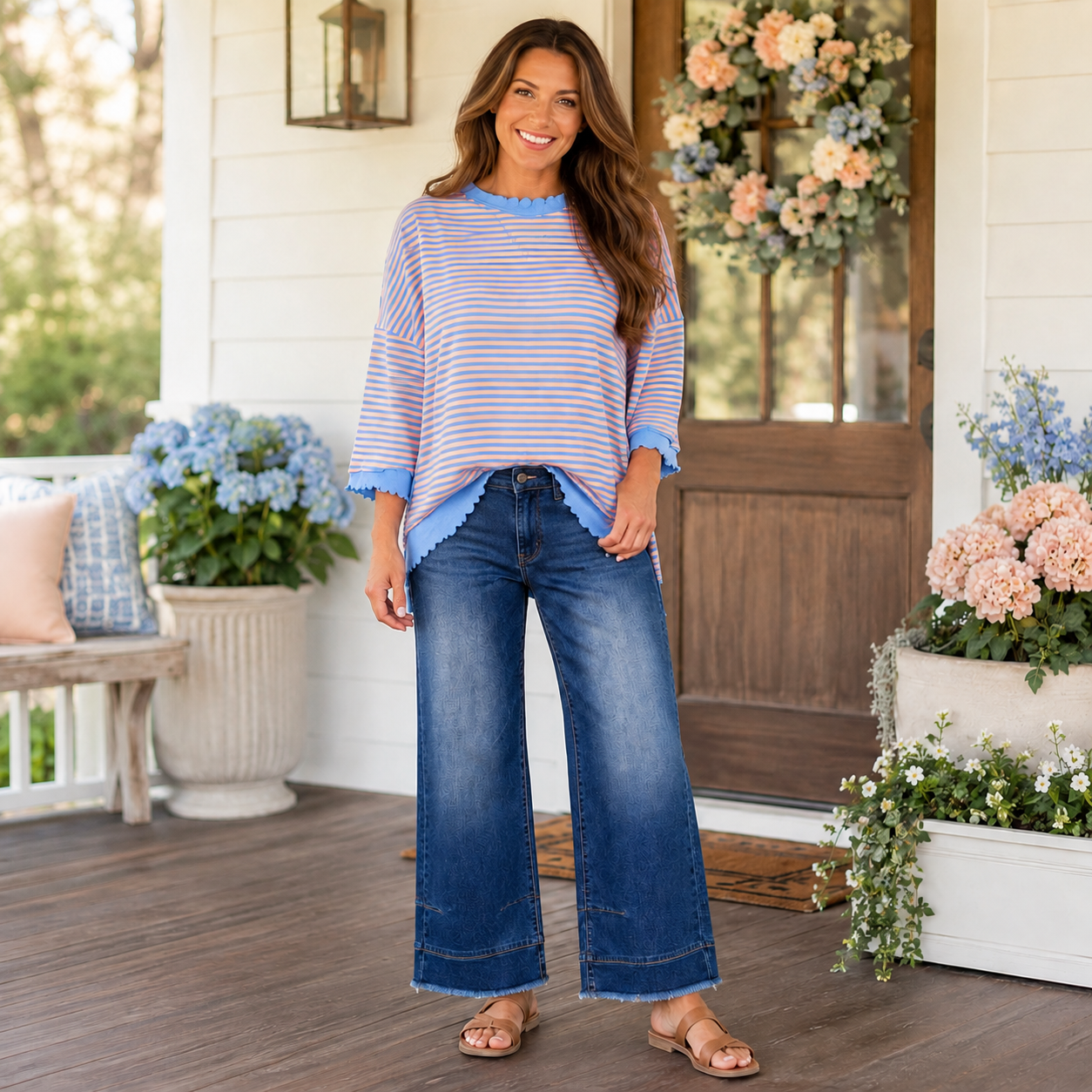 Blue Stripe Scalloped Trim Top