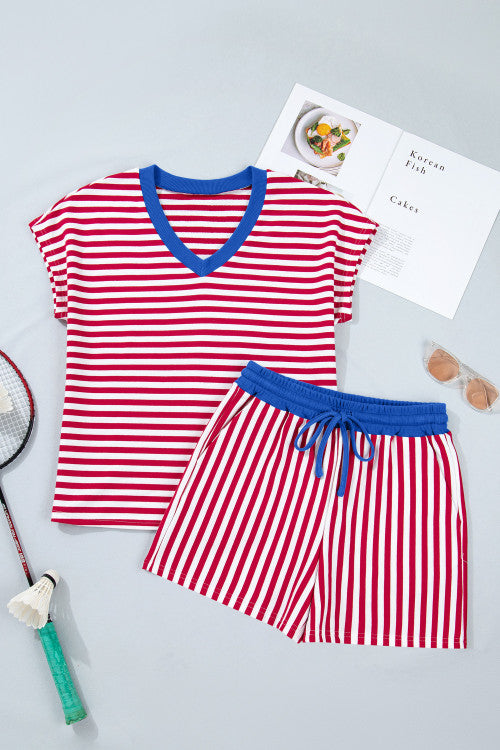 Red Stripe V Neck Shortie Set