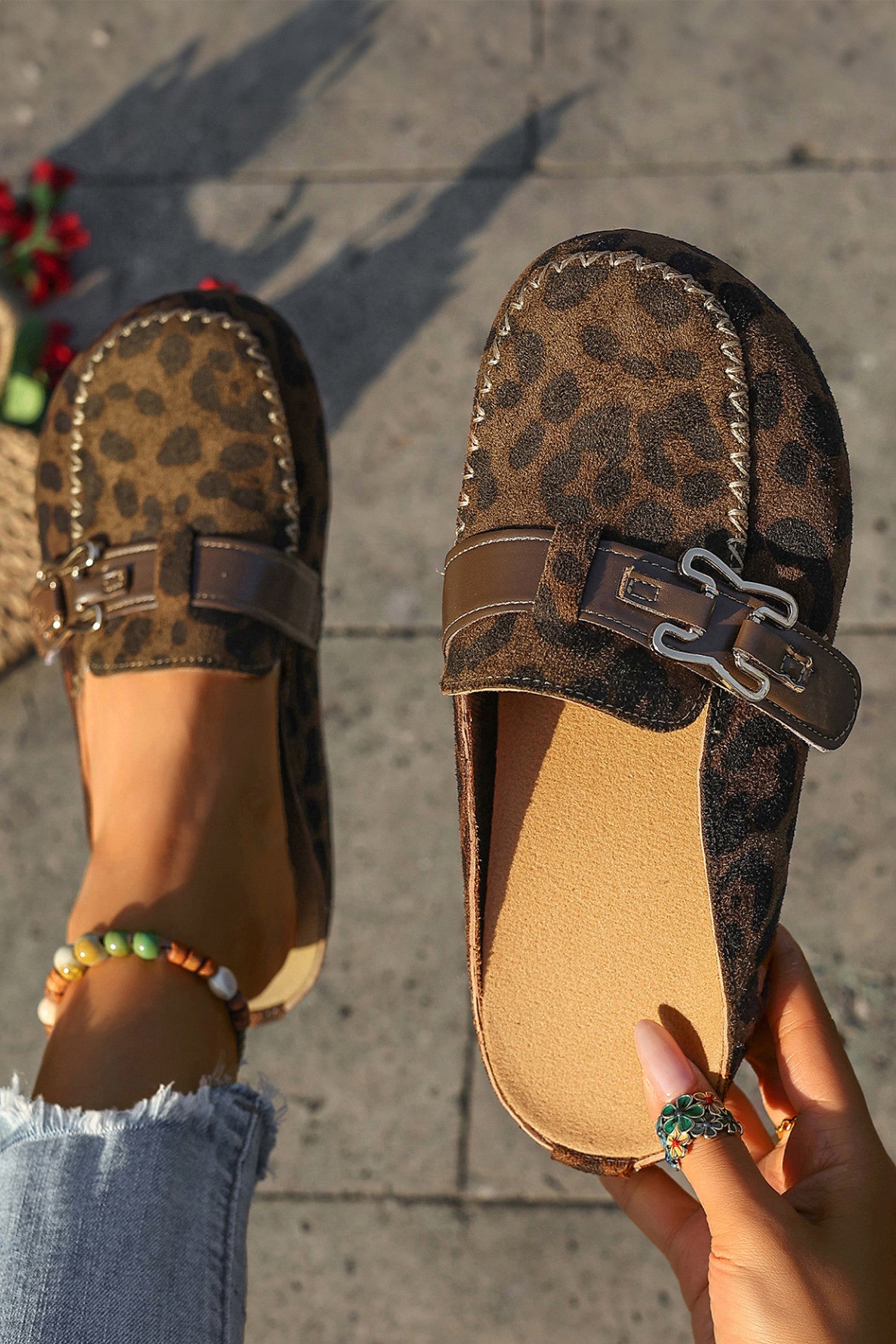 Leopard Leather Strap Slippers RTS