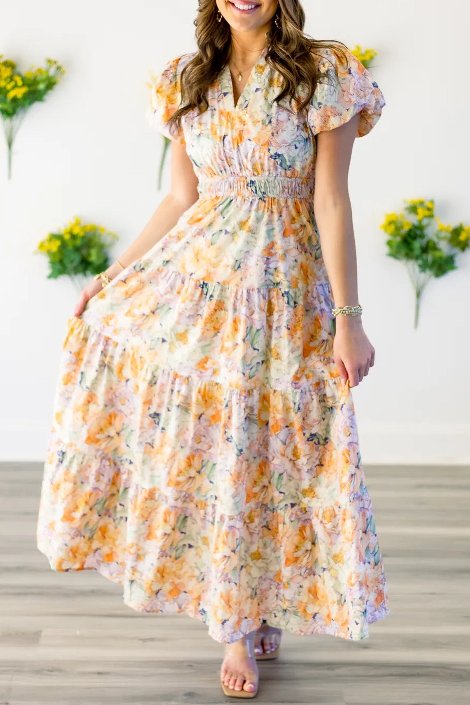 Orange Floral Bubble Maxi Dress