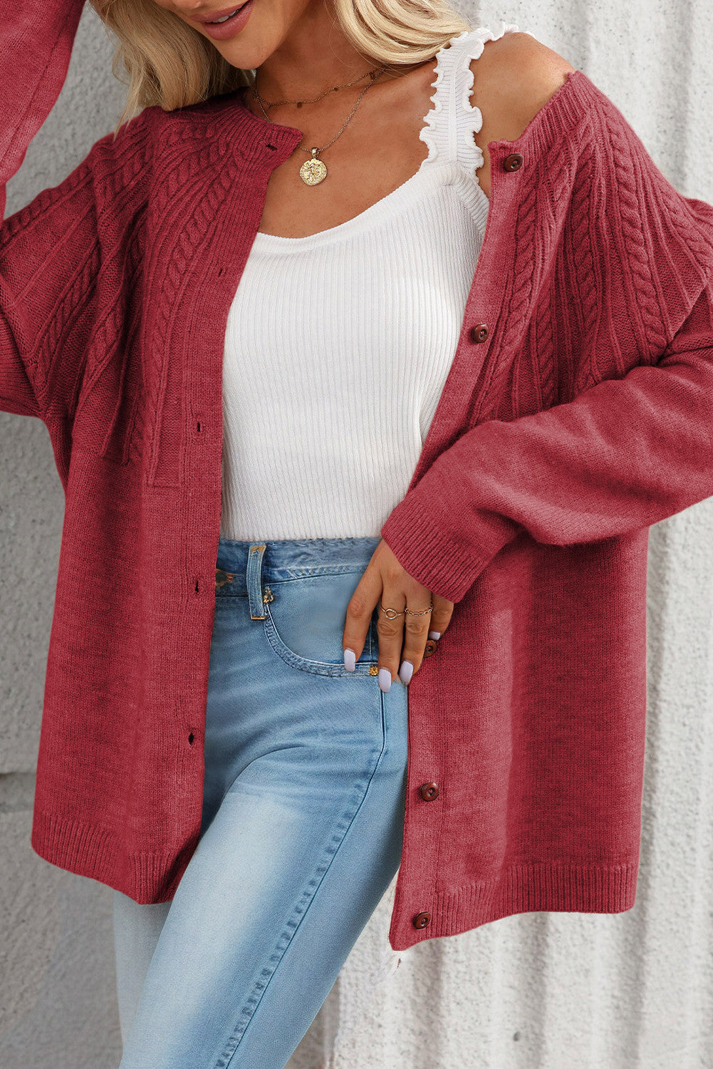 Red Textured Cardigan FB