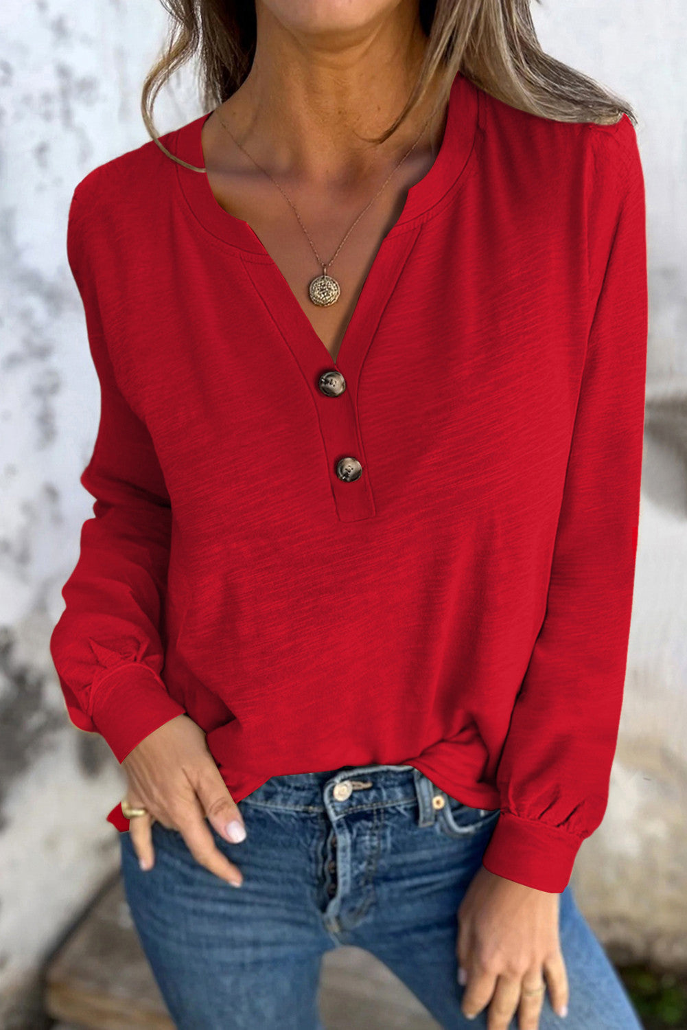 Red V Neck Button Top FB