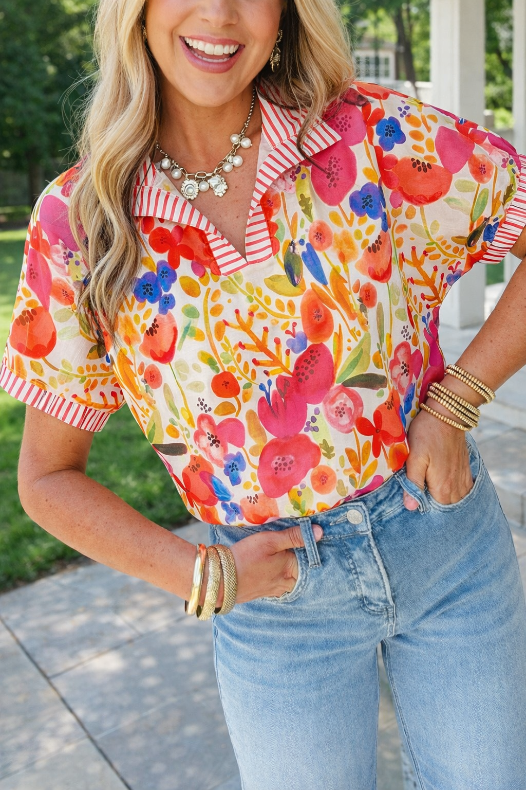 Rose Striped Trim Floral Blouse RTS