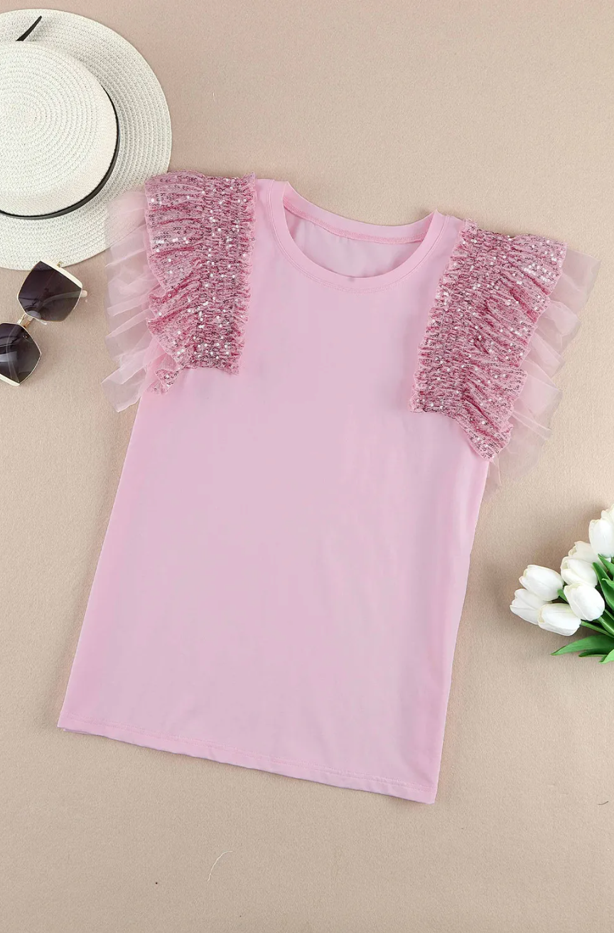 Pink Sequined Ruffled Mesh Shirt