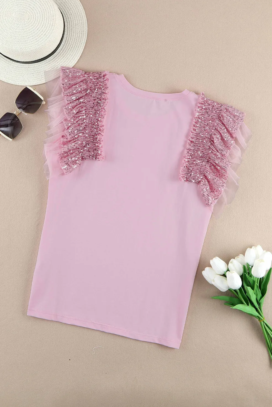 Pink Sequined Ruffled Mesh Shirt