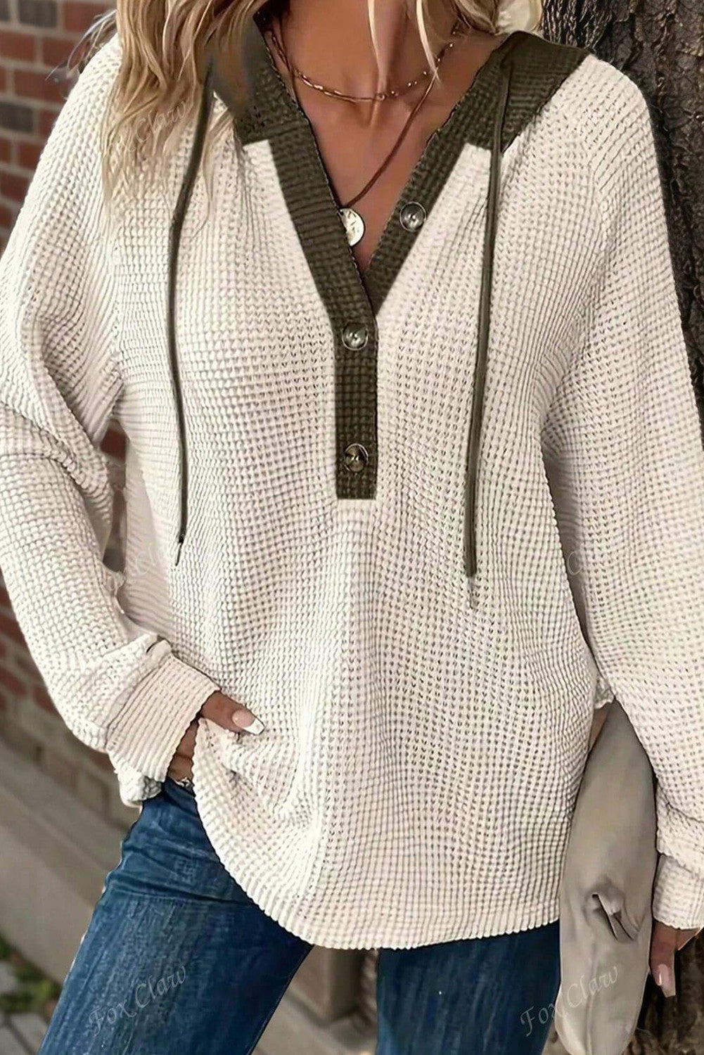 White Waffle Buttoned Top November.