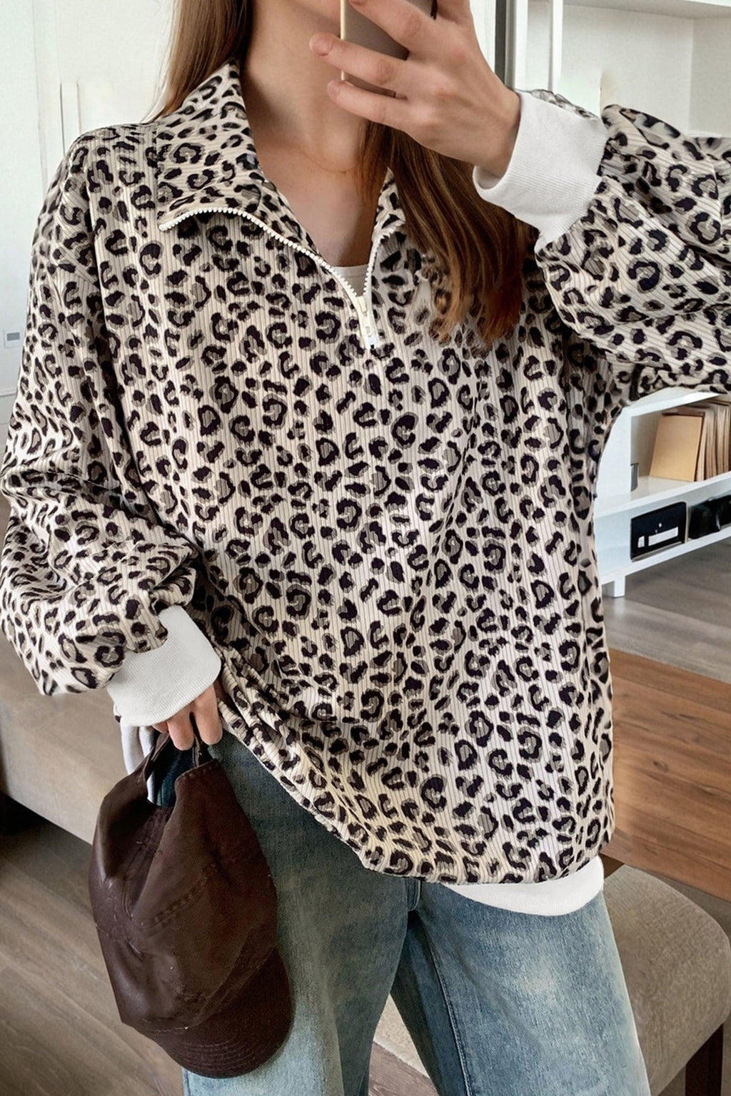 Leopard Corduroy Half Zip Pullover