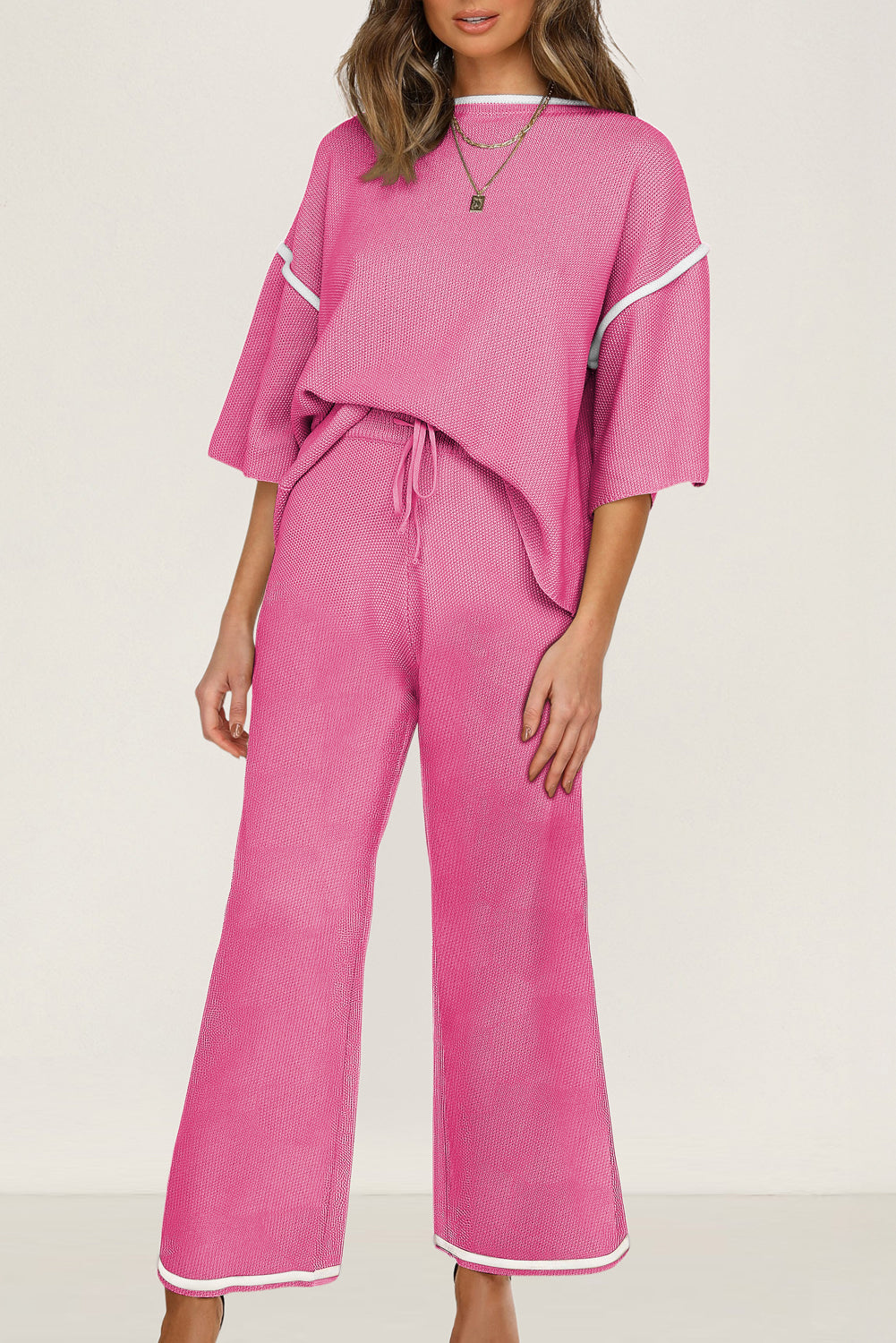 Bright Pink Contrast Pants Set FB